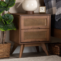 Baxton Studio MG9001-Rattan-2DW-NS Barrett Mid-Century Modern Walnut Brown Finished Wood and Synthetic Rattan 2-Drawer Nightstands